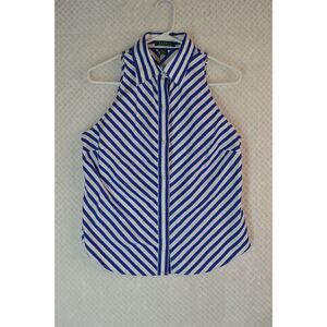 Lauren Ralph Lauren Women's 12 Blue Striped Sleeveless Button Down Blouse